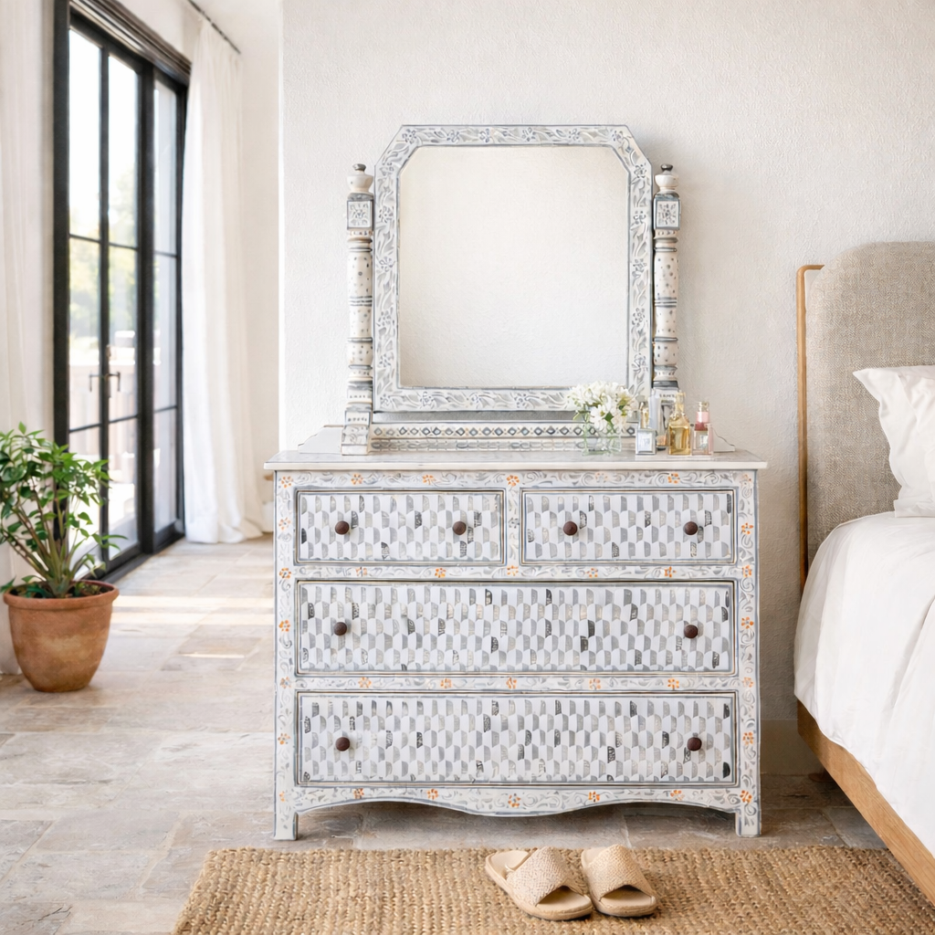Lifestyle image of a of a hand-painted dressing table with mirror made of reclaimed wood – Meira model by Om Home & Garden