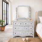 Lifestyle image of a of a hand-painted dressing table with mirror made of reclaimed wood – Meira model by Om Home & Garden