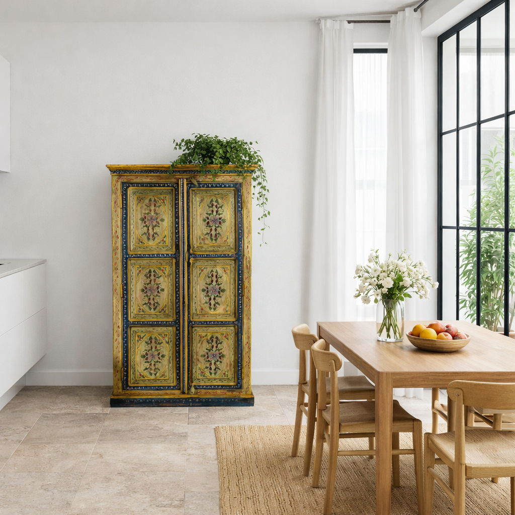 Lifestyle image of a of a hand painted wardrobe made from reclaimed wood with floral motifs and distressed finish; ideal for a boho chic living room or eclectic bedroom, 90 × 40 × 150 cm.