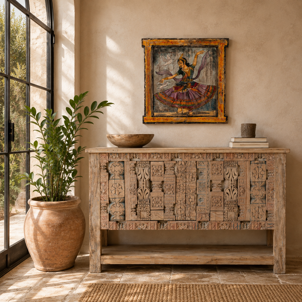 Lifestyle image of a Dancer antique reclaimed wood mirror with hand-painted classical Indian dancer artwork on an authentic vintage wooden mirror frame, 50x50x5cm.i