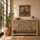 Lifestyle image of a Dancer antique reclaimed wood mirror with hand-painted classical Indian dancer artwork on an authentic vintage wooden mirror frame, 50x50x5cm.i