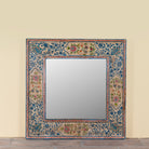 Mishika hand-painted reclaimed wood wall mirror with intricate blue floral artwork and traditional Indian decorative motifs, 90x90x5cm.