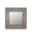 White background image of a Mishika hand-painted reclaimed wood wall mirror with intricate blue floral artwork and traditional Indian decorative motifs, 90x90x5cm.