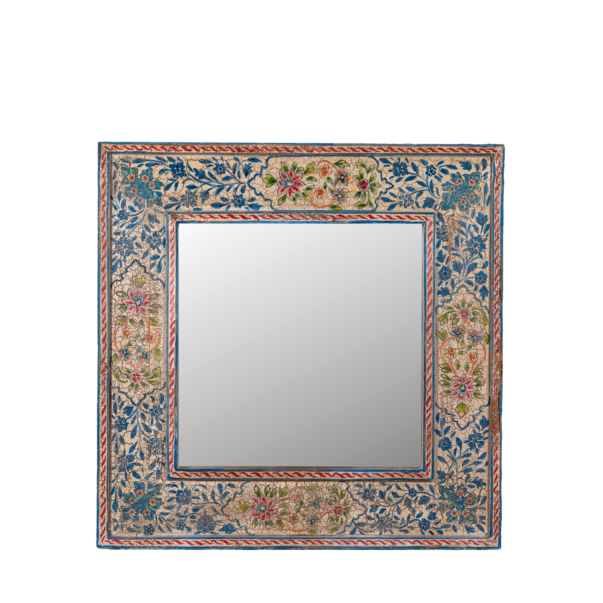 White background image of a Mishika hand-painted reclaimed wood wall mirror with intricate blue floral artwork and traditional Indian decorative motifs, 90x90x5cm.