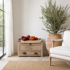 Lifestyle image of a Mivaan vintage reclaimed teak wood box with writing lid, small drawers, and restored rustic teak finish.