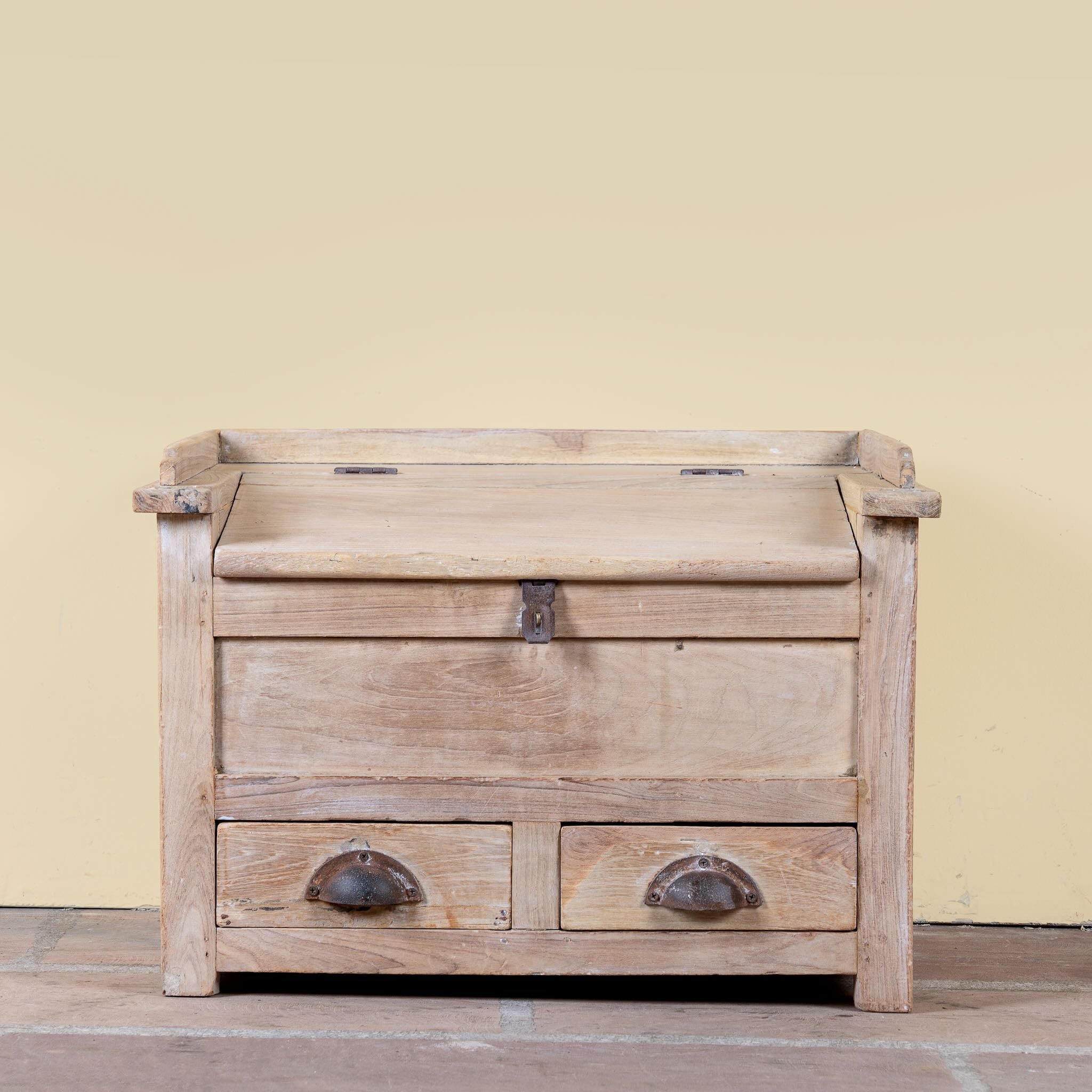 Mivaan vintage reclaimed teak wood box with writing lid, small drawers, and restored rustic teak finish.