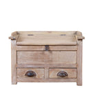 White background image of a Mivaan vintage reclaimed teak wood box with writing lid, small drawers, and restored rustic teak finish.