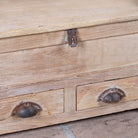 Close up image of a Mivaan vintage reclaimed teak wood box with writing lid, small drawers, and restored rustic teak finish.