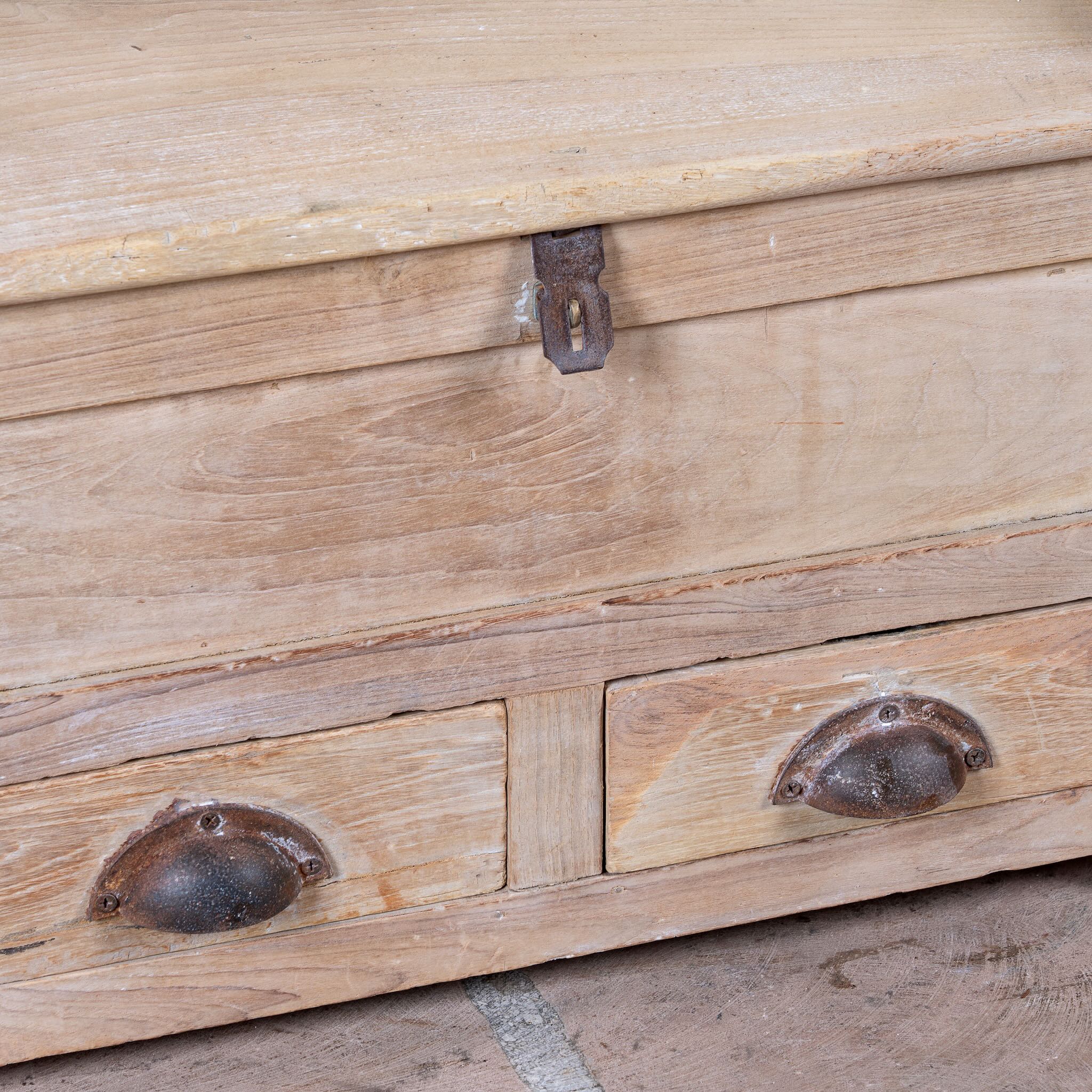 Close up image of a Mivaan vintage reclaimed teak wood box with writing lid, small drawers, and restored rustic teak finish.