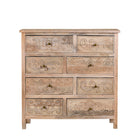 White background image of a carved mango wood cabinet with drawers and one door, made from reclaimed teak, 100 × 40 × 100 cm.