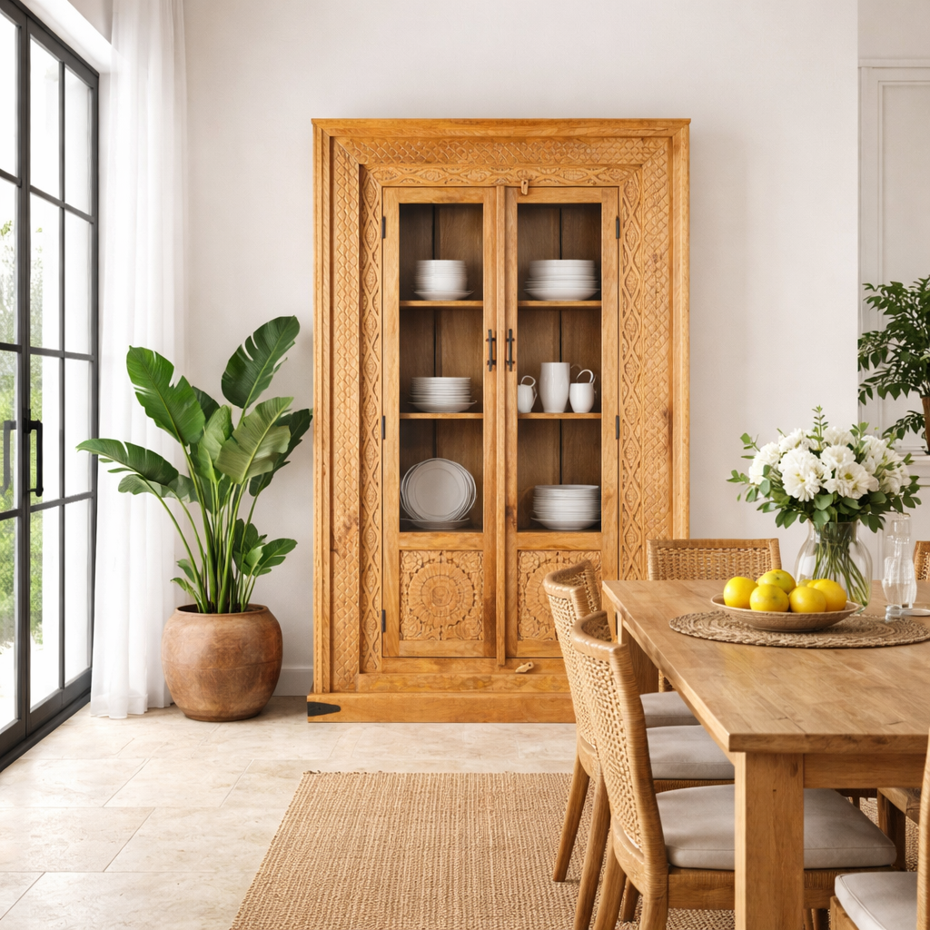 Lifestyle image of a of a hand carved display cabinet made from natural mango wood with floral detailing and glass-panelled doors; 180 × 110 × 40 cm.