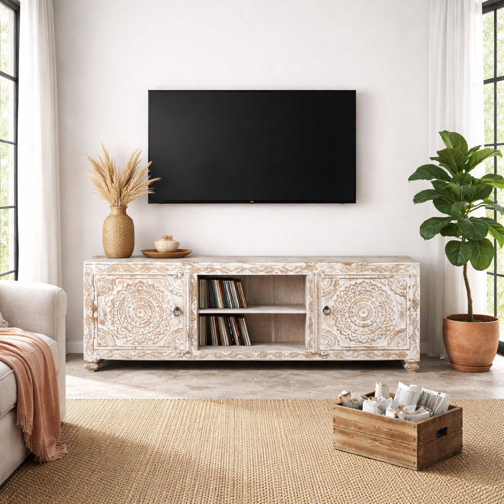 Lifestyle imagination of a white washed mango wood lowboard with carved floral doors and open shelving, 180 × 40 × 60 cm.