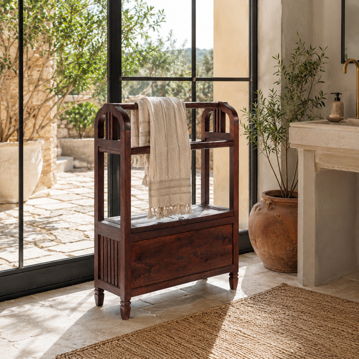 Lifestyle image of a reclaimed teak wood towel stand with dark brown finish and laundry storage; rustic bathroom furniture, 100 × 30 × 76 cm.