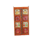 White background image of a hand-painted Indian antique teak wood door with mythological and folk motifs, vibrant orange frame, vintage wall panels for spiritual and artistic home decor.