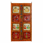 White background image of a hand-painted Indian antique teak wood door with mythological and folk motifs, vibrant orange frame, vintage wall panels for spiritual and artistic home decor.