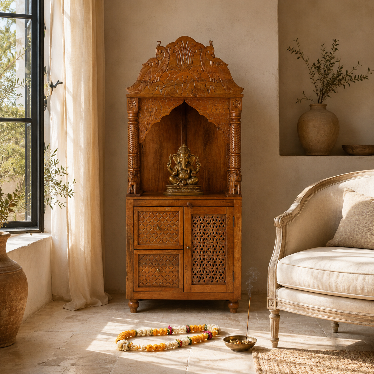 Lifestyle image of a Moksha hand carved mango wood mandir with decorative Indian carvings, drawers, and cabinet storage.
