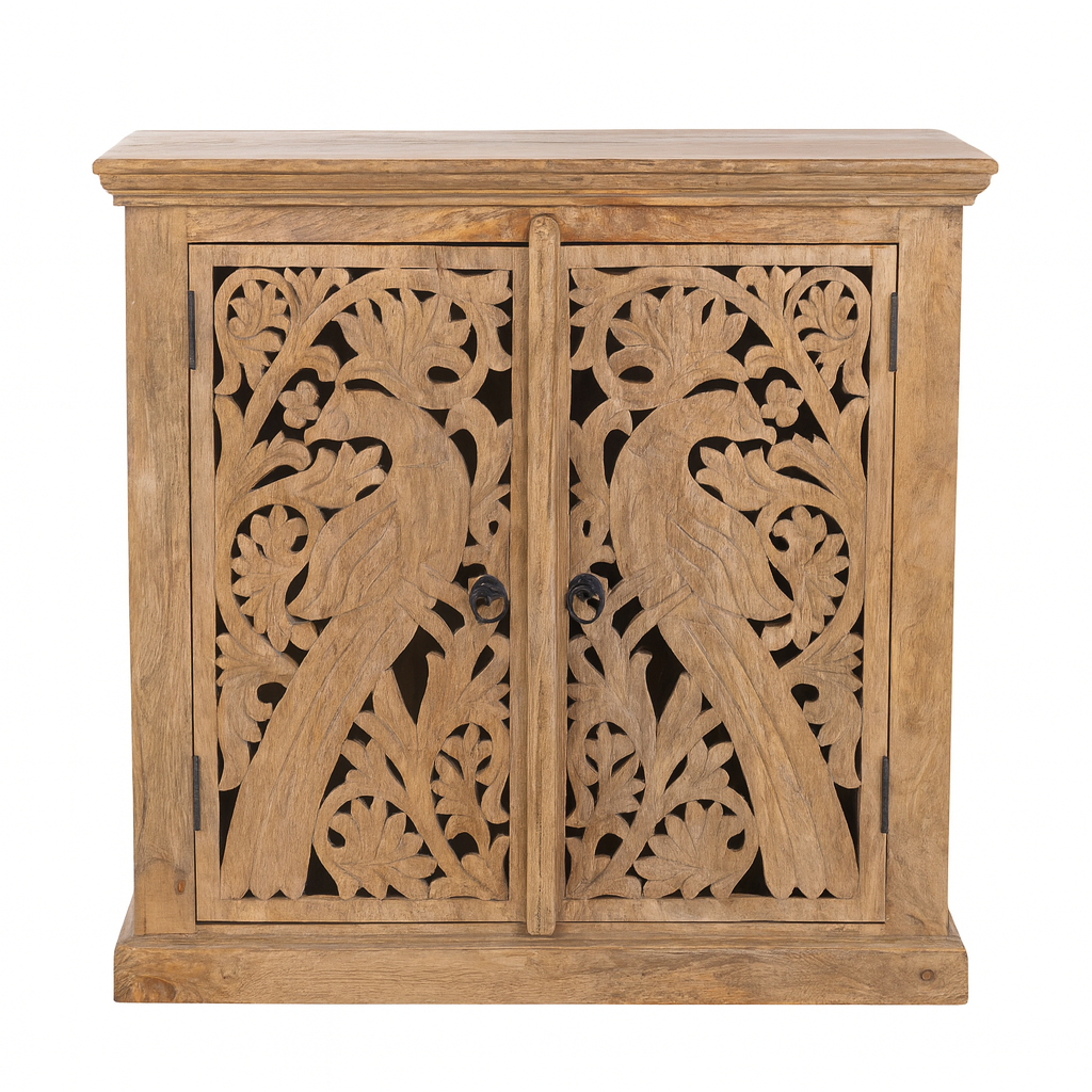 White background image of a white washed wooden cabinet with hand-carved peacock doors, handcrafted mango wood furniture, Mediterranean-style storage unit, 90 × 90 × 40 cm.