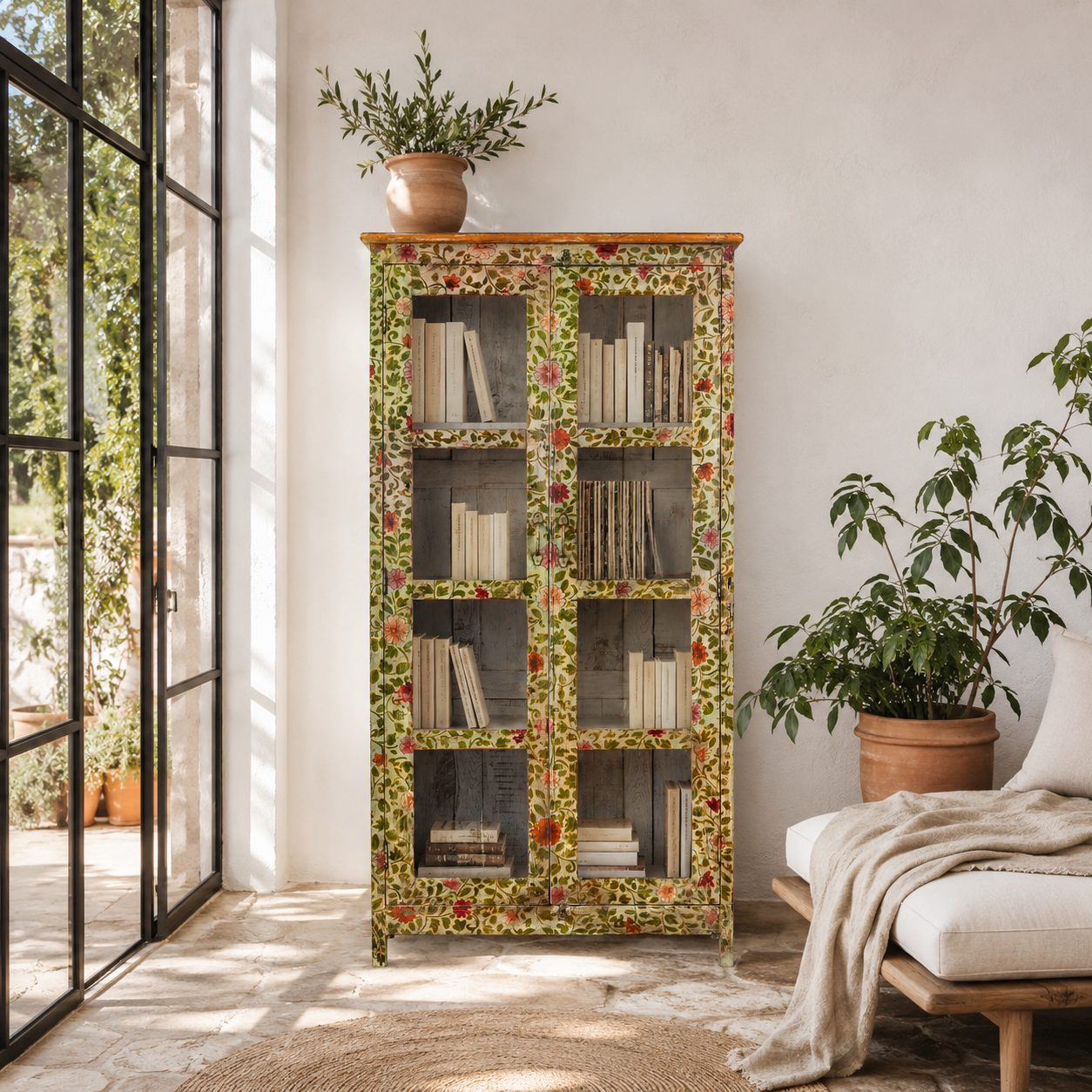 Lifestyle image of a hand-painted reclaimed wood cabinet with glass doors and floral motifs – sustainable and artistic furniture for vintage or bohemian interiors.