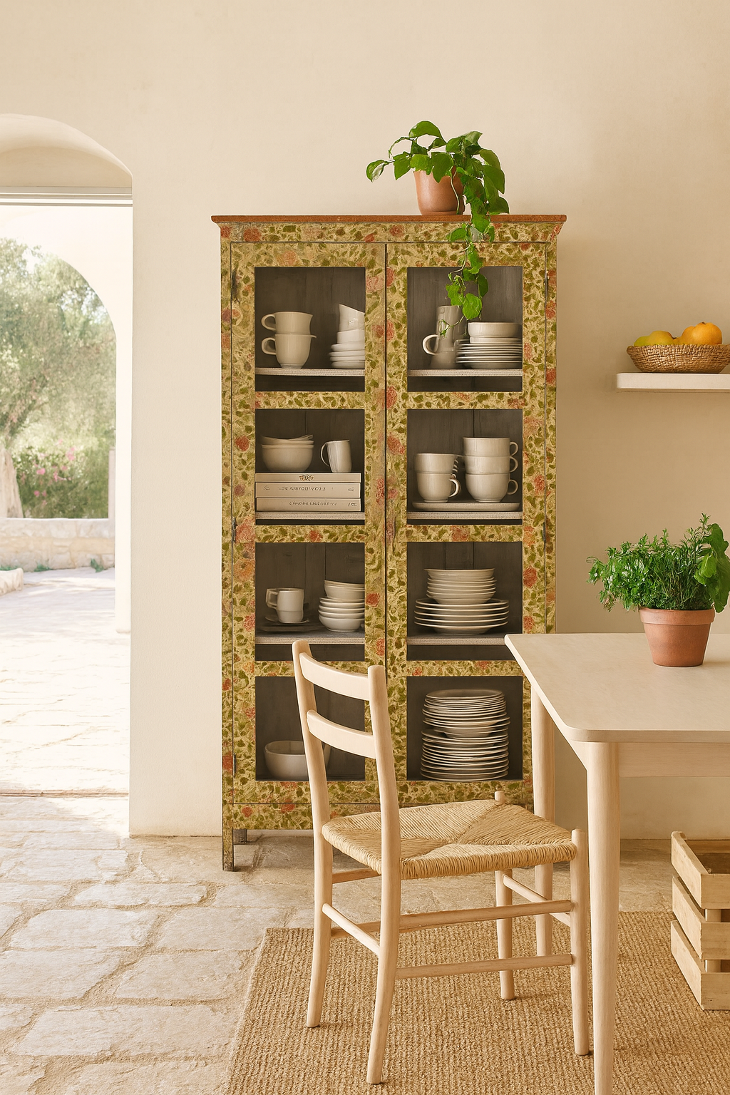 Lifestyle image of a hand-painted reclaimed wood cabinet with glass doors and floral motifs – sustainable and artistic furniture for vintage or bohemian interiors.