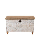 White background image of a hand carved mango wood chest box with white washed vintage finish and iron lock, 105x70x55 cm