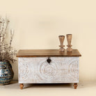 Hand carved mango wood chest box with white washed vintage finish and iron lock, 105x70x55 cm