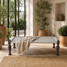 Naavya handwoven Indian Charpoi daybed with reclaimed teak wood frame and carved legs, 174cm