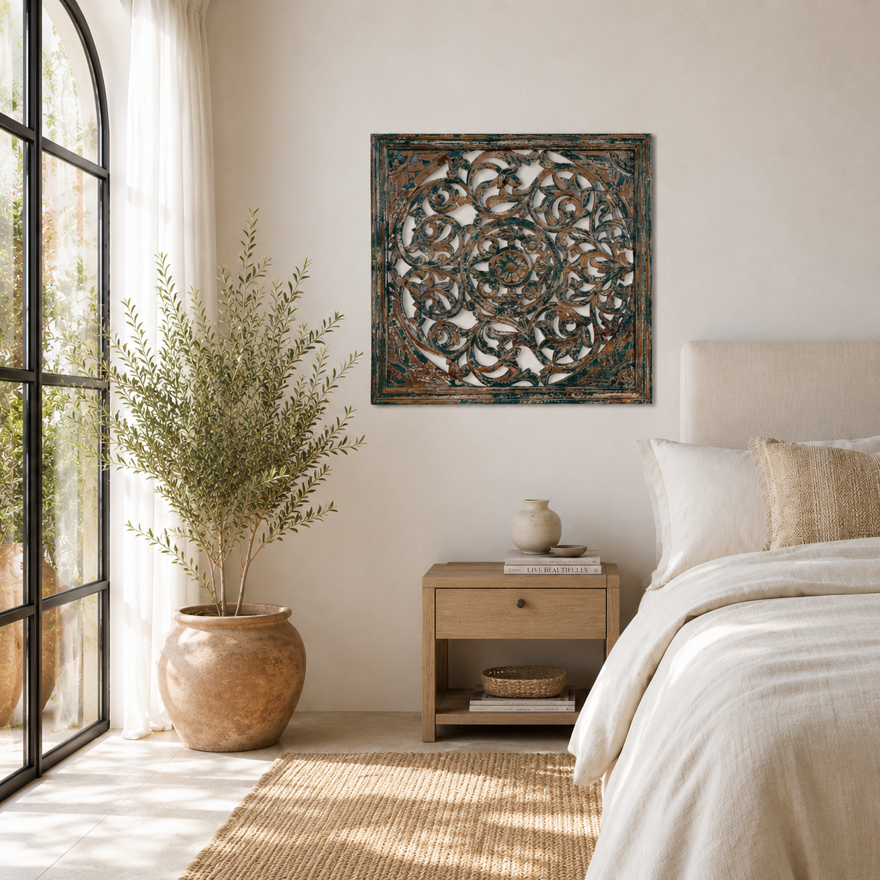 Lifestyle image of a Nadya carved wooden wall panel made from mango wood with intricate floral carving—an elegant wooden wall decoration with natural texture and artisan detail.