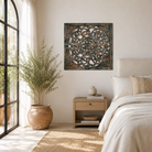 Lifestyle image of a Nadya carved wooden wall panel made from mango wood with intricate floral carving—an elegant wooden wall decoration with natural texture and artisan detail.