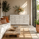 Nagpur hand carved mango wood chest of six drawers with Indian carved fronts 150cm