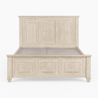 Image of a whitewashed mango wood bed frame with carved panel design; rustic bedroom furniture set, bed size 180×200×140 cm.
