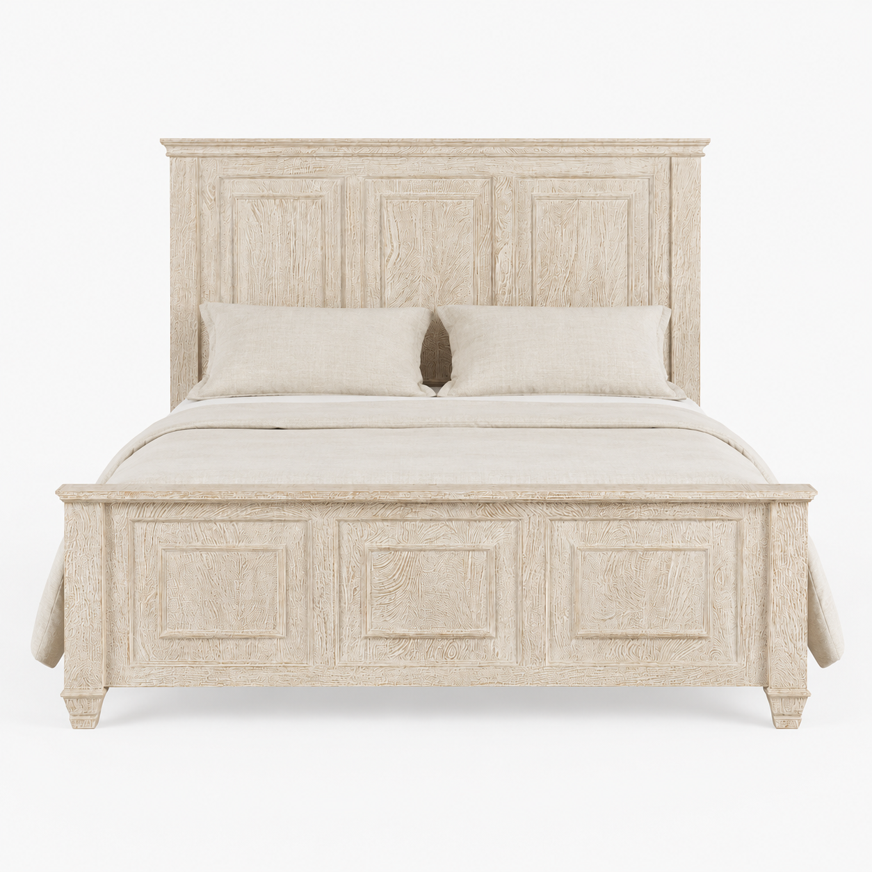 White background  image of a whitewashed mango wood bed frame with carved panel design; rustic bedroom furniture set, bed size 180×200×140 cm.