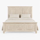 White background  image of a whitewashed mango wood bed frame with carved panel design; rustic bedroom furniture set, bed size 180×200×140 cm.
