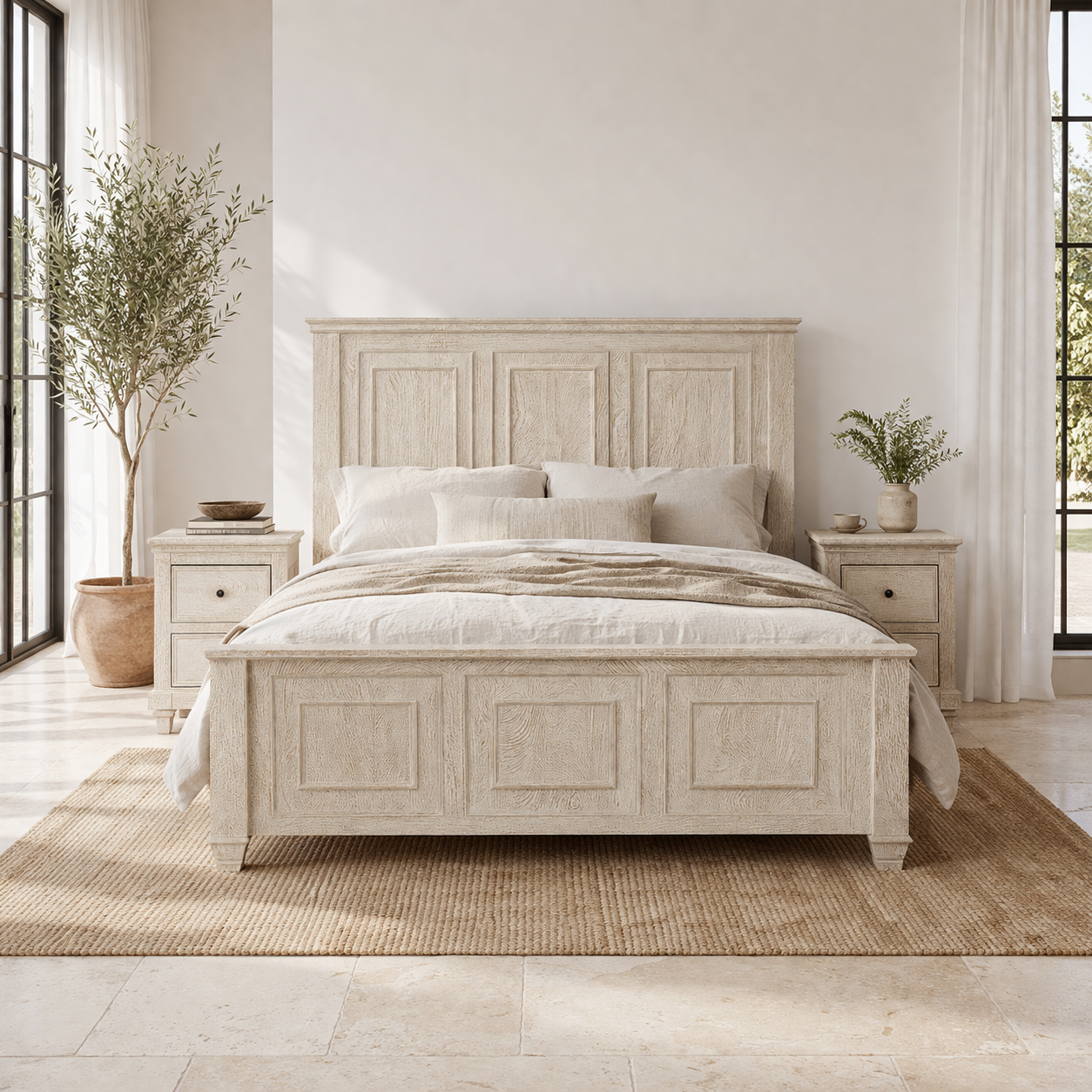 Lifestyle image of a whitewashed mango wood bed frame with carved panel design and two matching nightstands; rustic bedroom furniture set, bed size 180×200×140 cm, nightstands 50×40×65 cm.