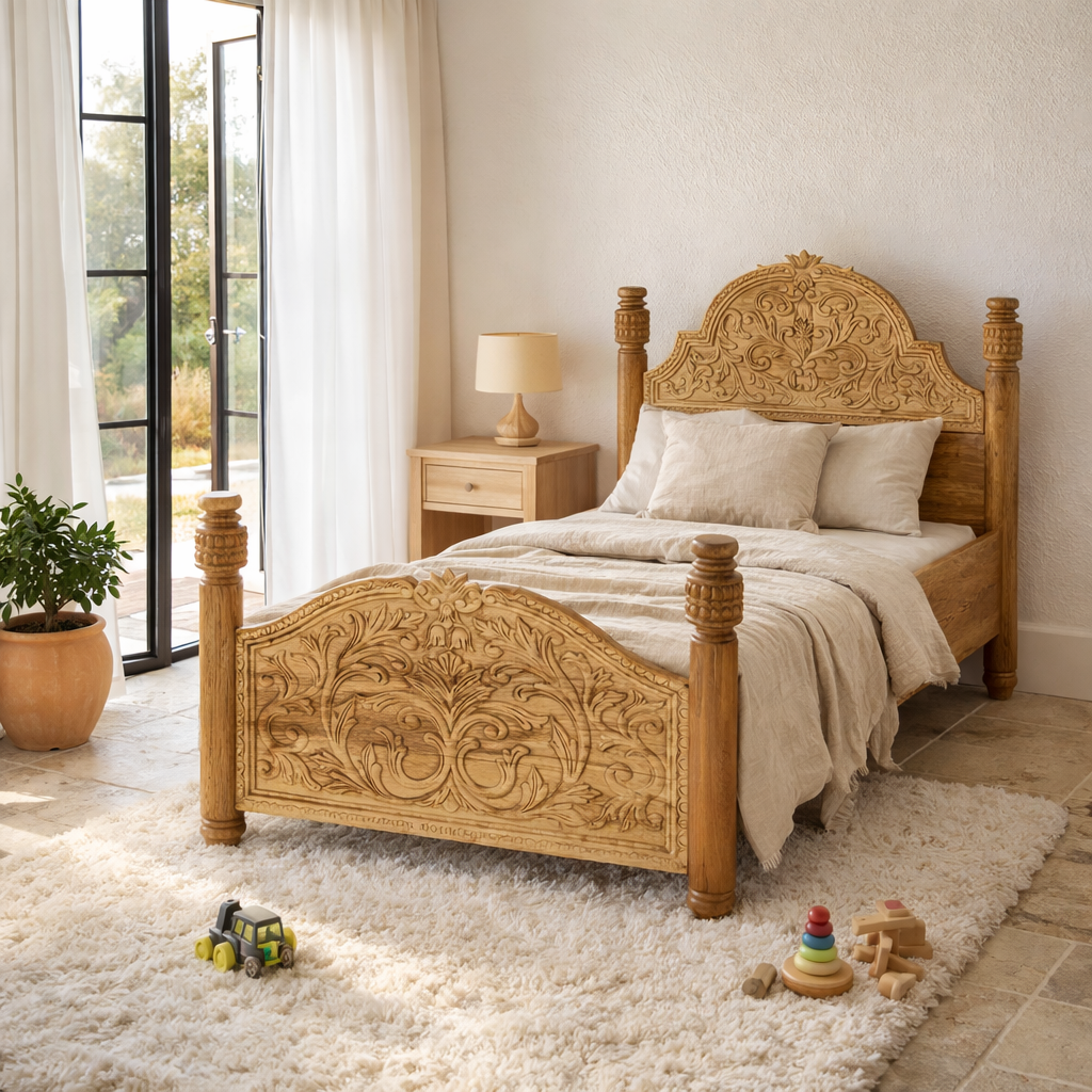 Life style image of a hand carved Mango wood four poster bed, single size in oriental design.