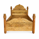 White background image of a hand carved Mango wood four poster bed, single size in oriental design.