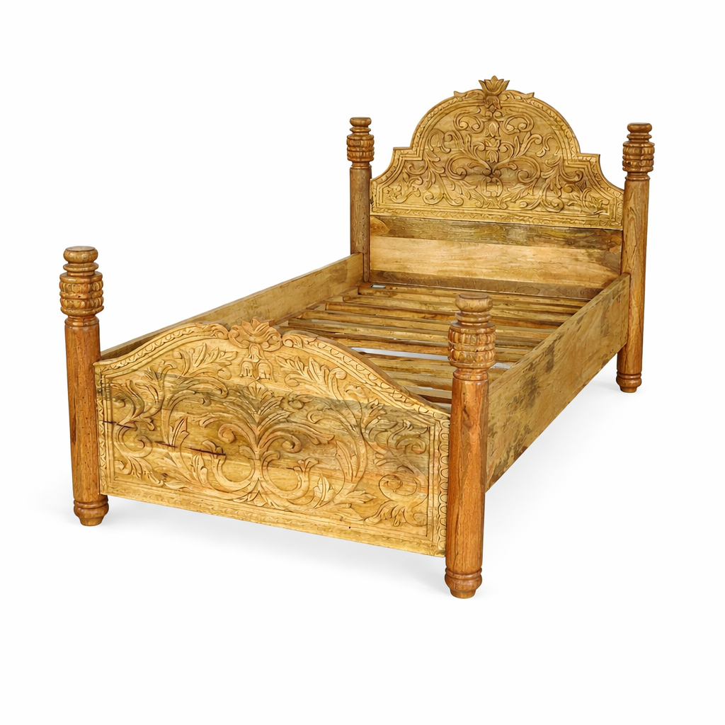 Side angle image of a hand carved Mango wood four poster bed, single size in oriental design.