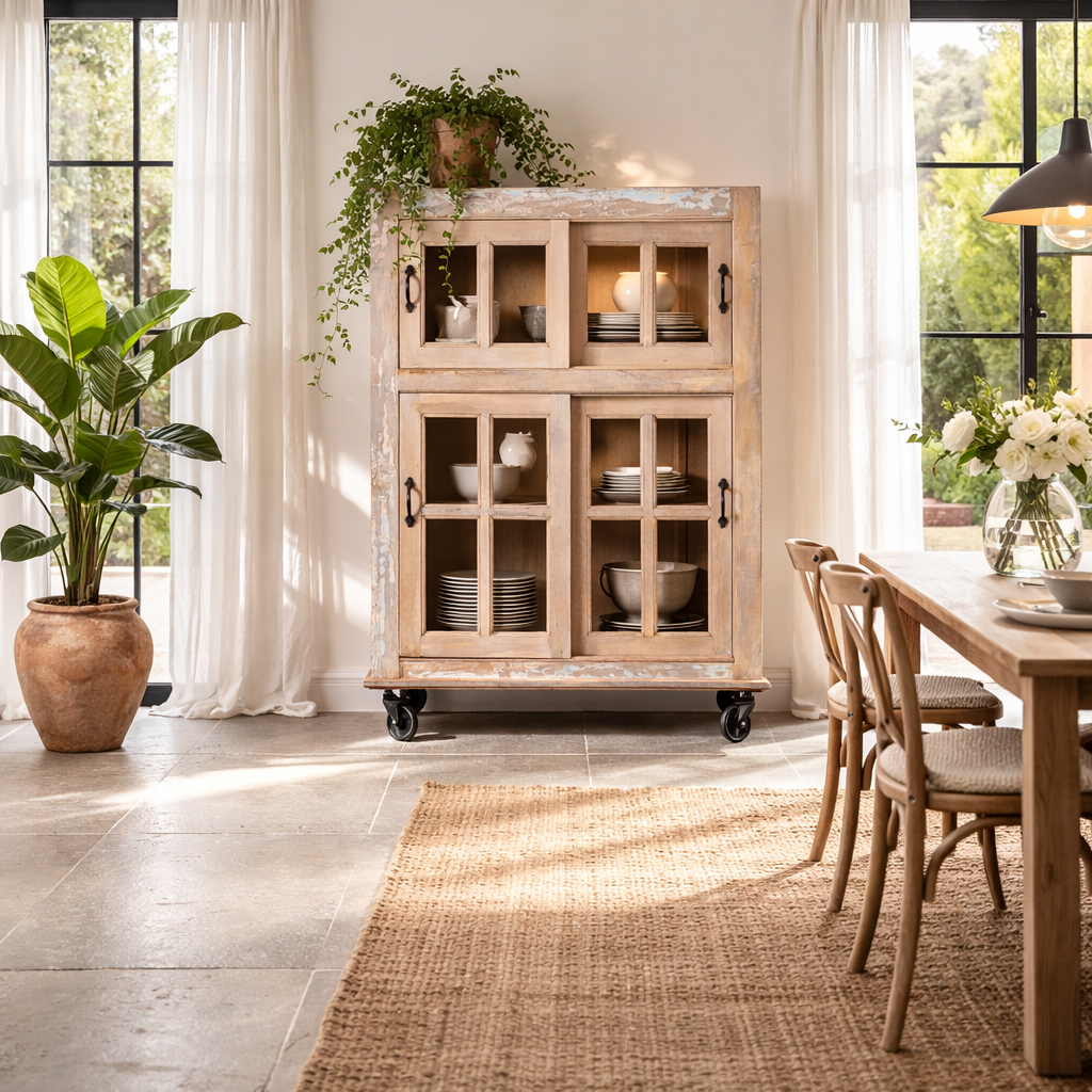Lifestyle image of a vintage vitrine made of sandblasted reclaimed wood with glass-panelled doors and iron wheels; rustic reclaimed wood furniture, 100 × 40 × 160 cm.