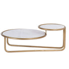 White background image of a rectangular metal coffee table with hammered marble top and brass-plated iron base; marble top coffee table, 109 × 41 × 77 cm.
