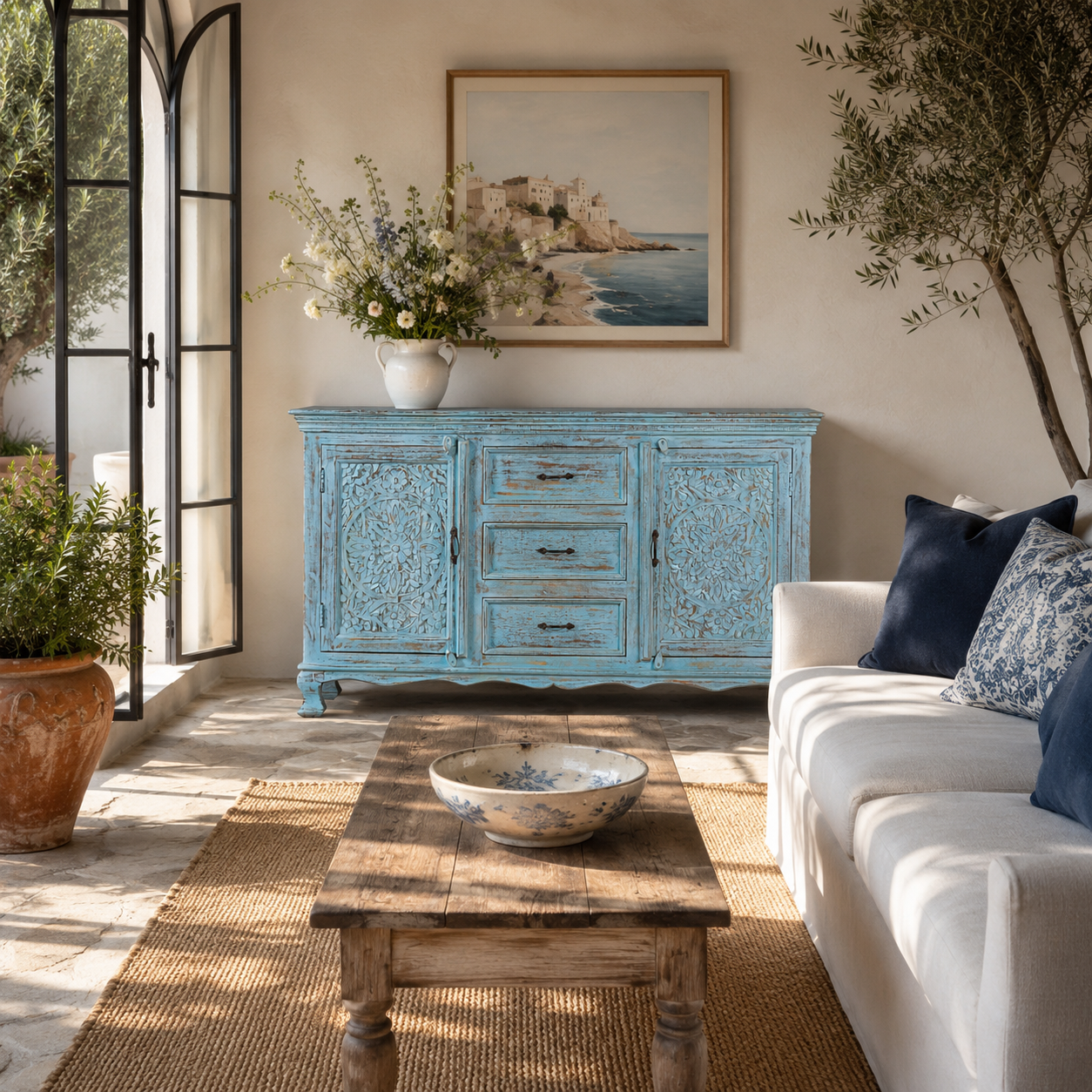 Lifestyle image of a hand-carved mango wood sideboard with distressed blue wash finish, artisanal furniture for bohemian interior, 150 × 40 × 90 cm.