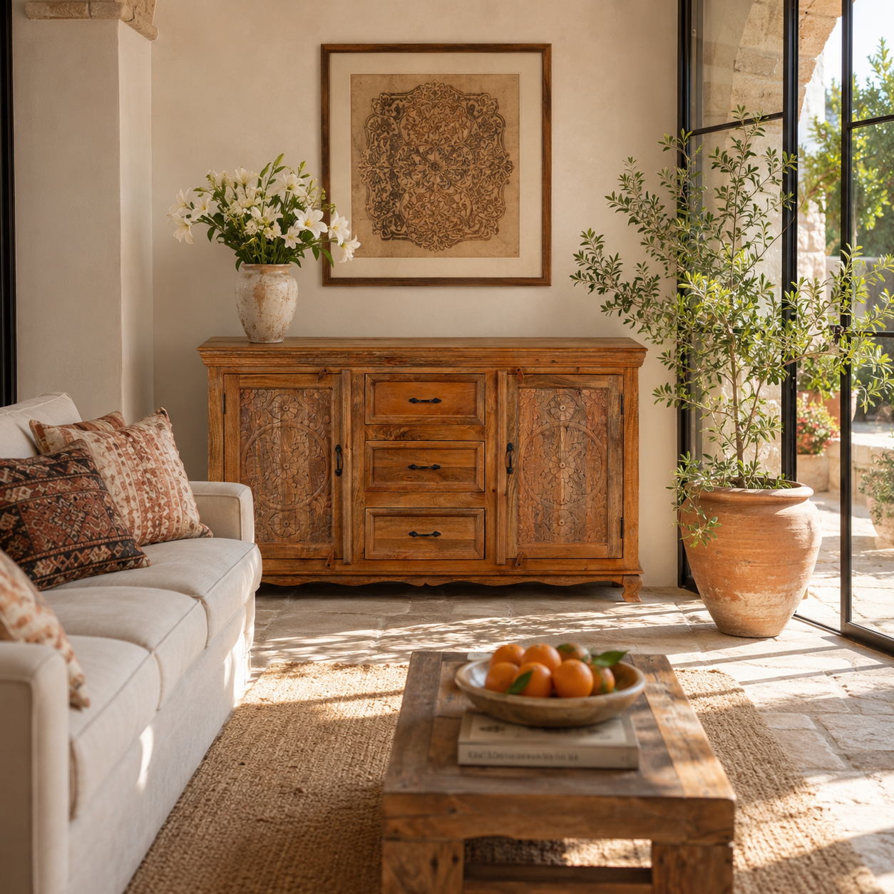 Lifestyle image of a Naren Natural hand carved mango wood sideboard with floral carved doors 150cm