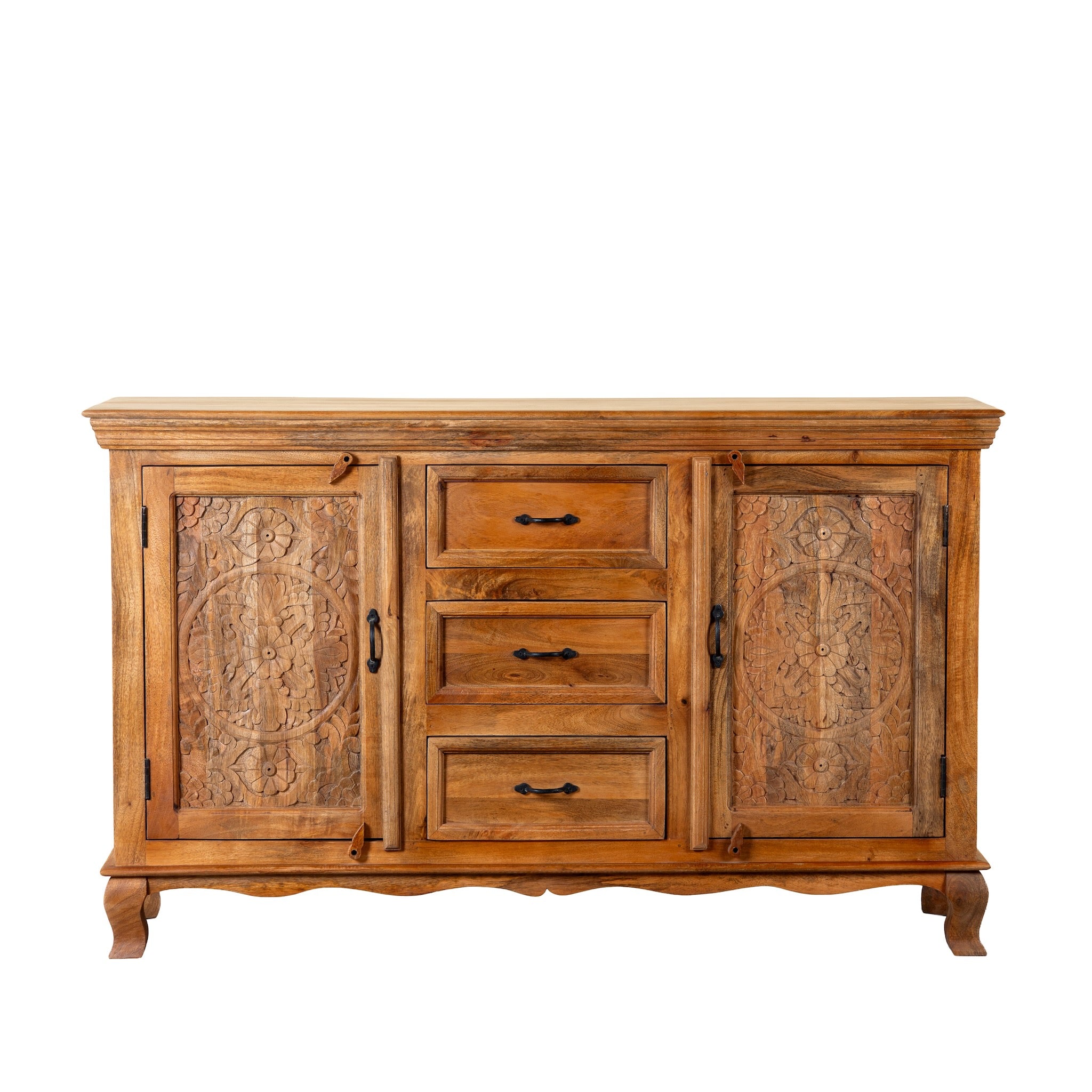 White background image of a Naren Natural hand carved mango wood sideboard with floral carved doors 150cm