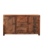 White background image of a storage rustic sideboard made of reclaimed wood with 3 drawers and 2 doors.