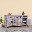 Open door image of a hand painted wooden furniture sideboard with floral motifs, unique furniture piece made from reclaimed wood, 180 × 40 × 90 cm.