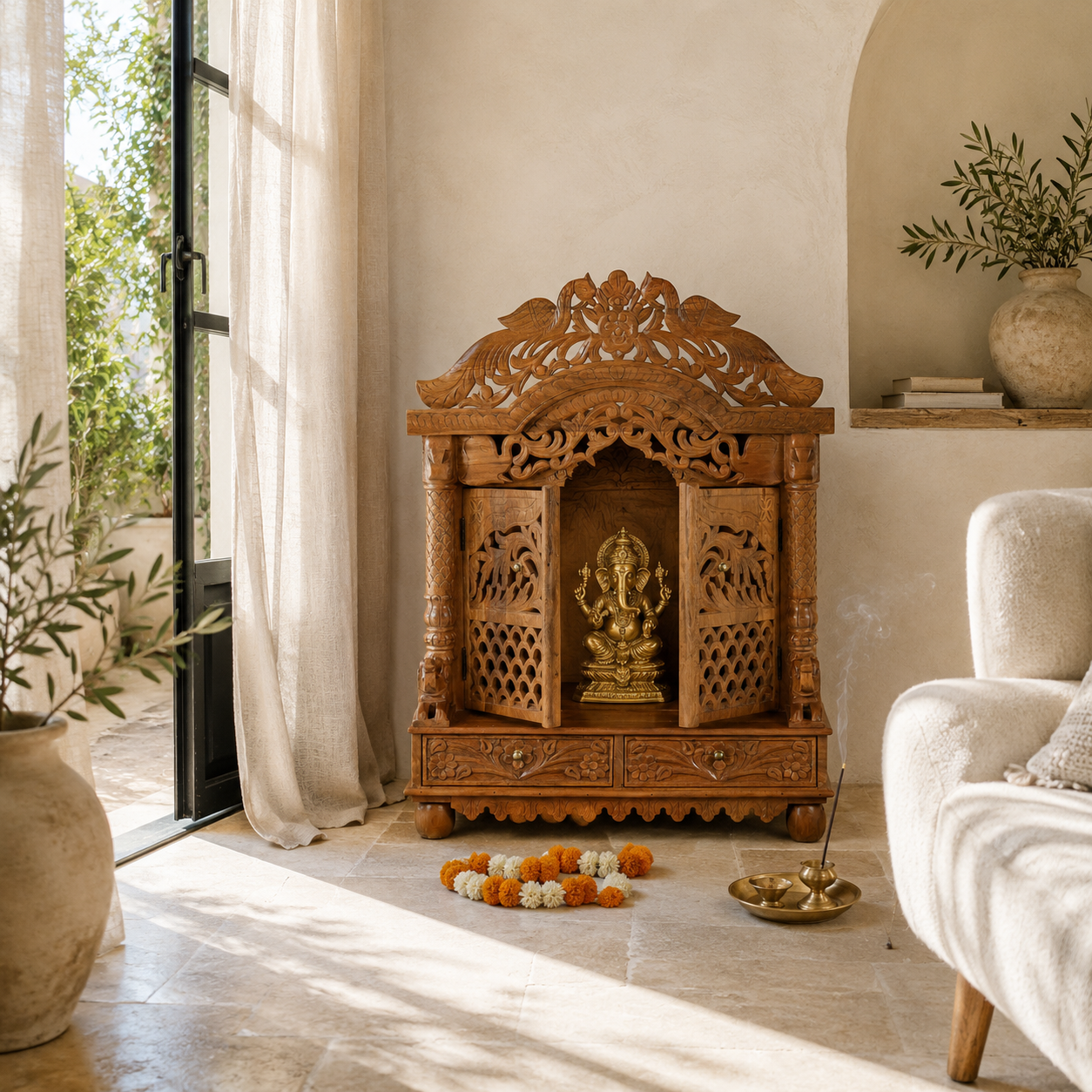 Lifestyle image of a hand carved mango wood Indian mandir temple with ornate floral carvings, lattice doors, and two storage drawers.