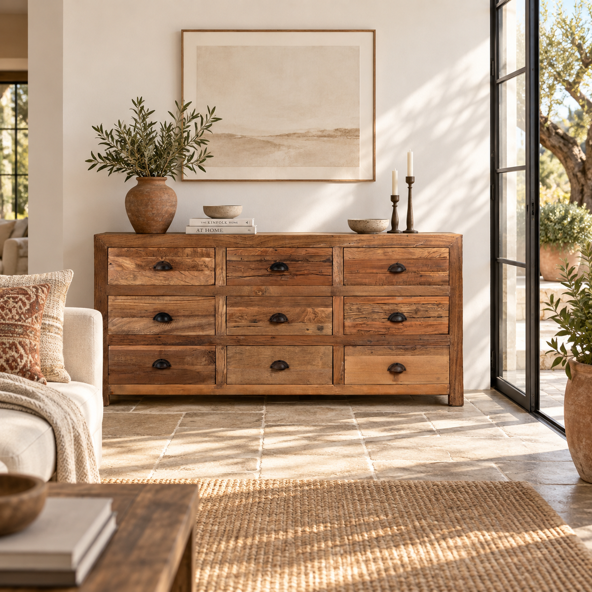 Lifestyle image of a Nayel reclaimed wood chest of 9 drawers with dark metal cup handles in Japandi style, 180cm