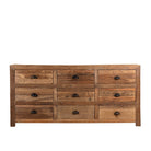 White background image of a Nayel reclaimed wood chest of 9 drawers with dark metal cup handles in Japandi style, 180cm