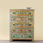 Neel hand painted reclaimed wood chest of drawers with five floral drawers and colourful boho vintage finish.