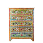 White background image of a Neel hand painted reclaimed wood chest of drawers with five floral drawers and colourful boho vintage finish.
