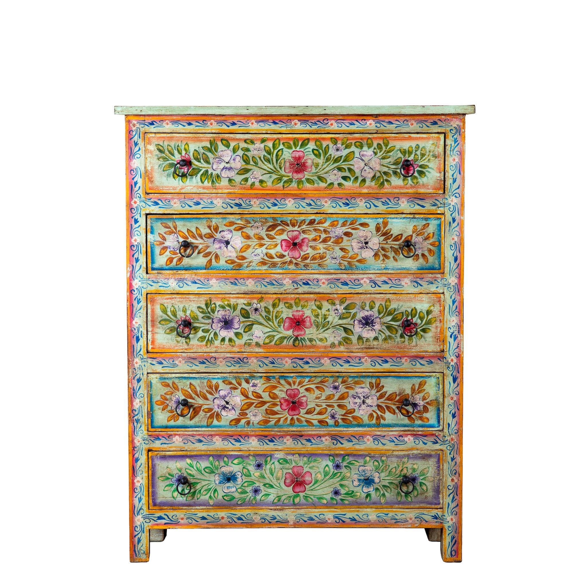 White background image of a Neel hand painted reclaimed wood chest of drawers with five floral drawers and colourful boho vintage finish.