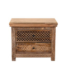 White background image of a hand carved mango wood nightstand with two drawers and hidden compartment in rustic artisan style.